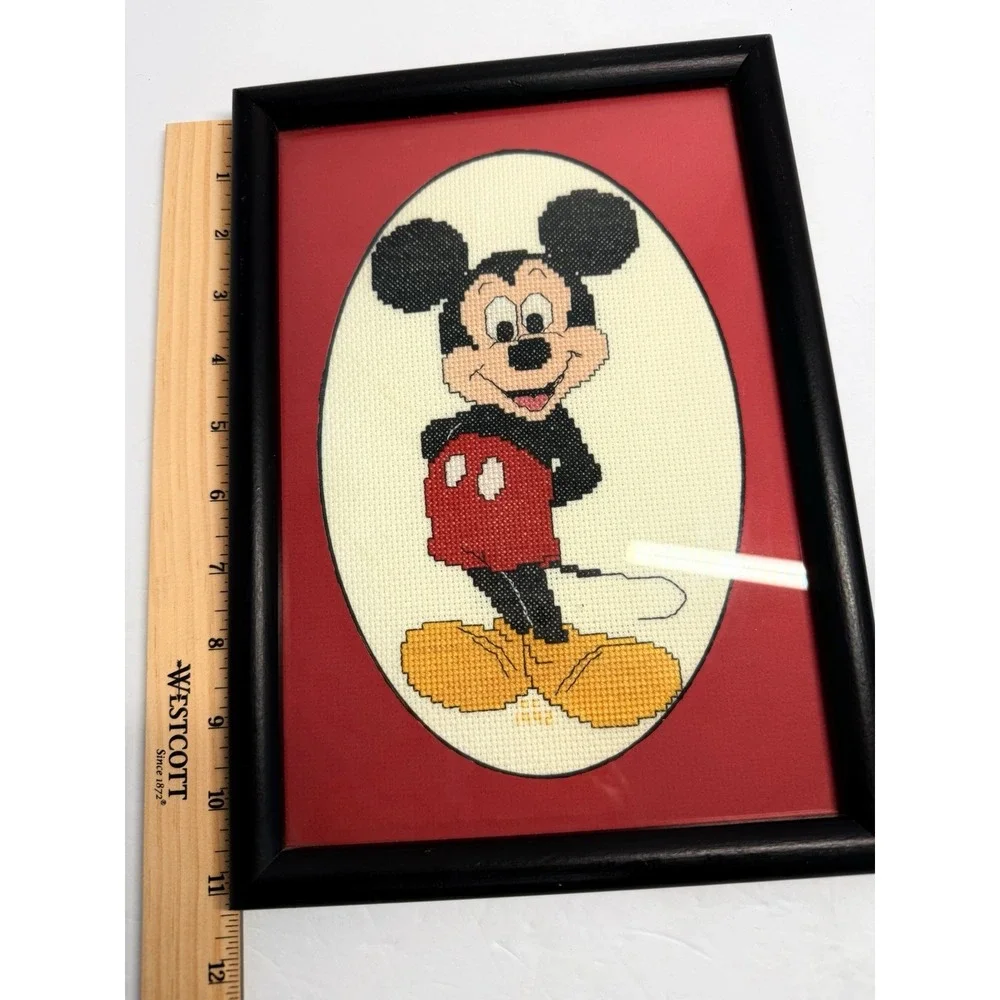 Vintage Mickey Mouse Handmade Framed Cross Stitch Disney Art Joy to Caroline